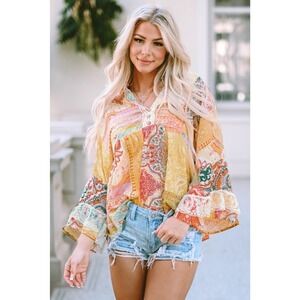 Multicolor Paisley Patchwork Boho Blouse V-Neck Bell Sleeve Tunic Womens M NWT